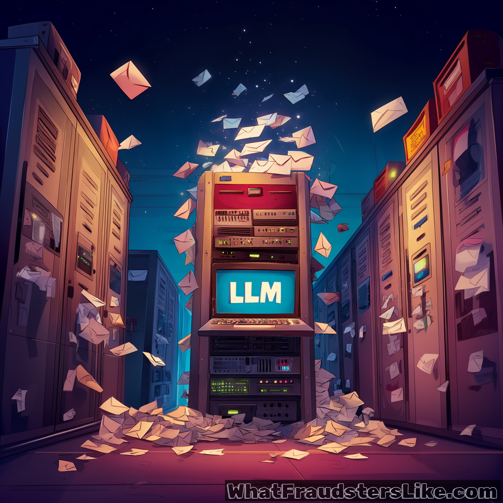 A glowing server rack with "LLM" displayed on its screen is surrounded by a whirlwind of flying envelopes and piles of envelopes at its base, all set between rows of other servers under a starry night sky.